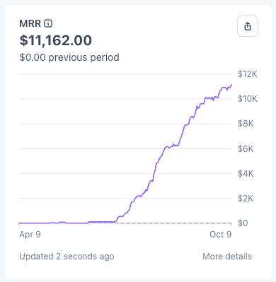 MRR chart at $11,162, rising from zero between April and October