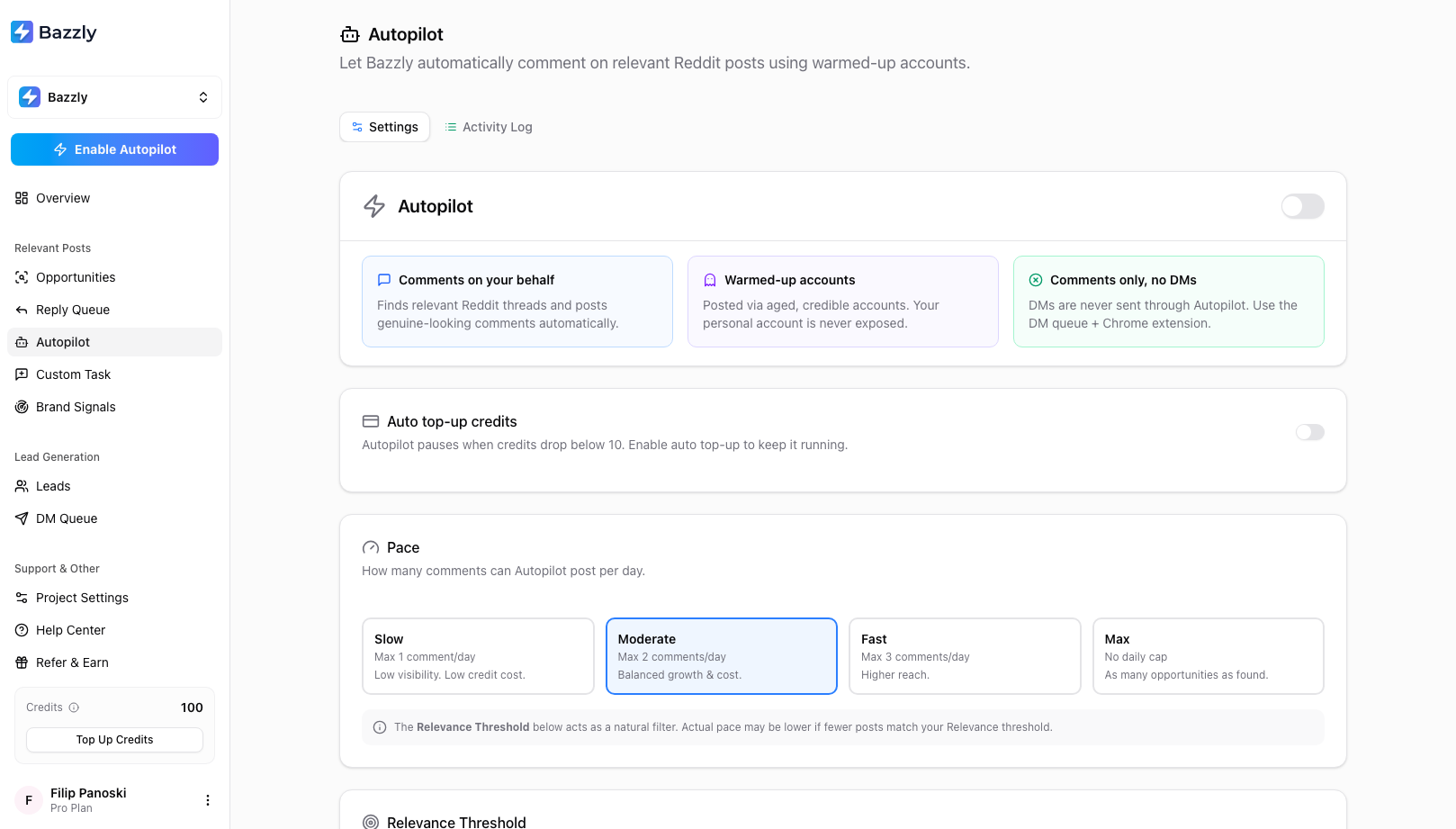 The Autopilot settings page with the master switch, the Auto top-up credits card and the Pace options