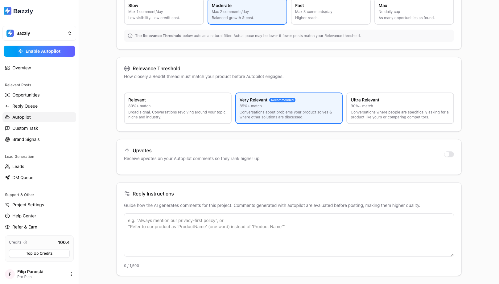 The Relevance Threshold options Relevant, Very Relevant and Ultra Relevant, the Upvotes switch and the Reply Instructions box