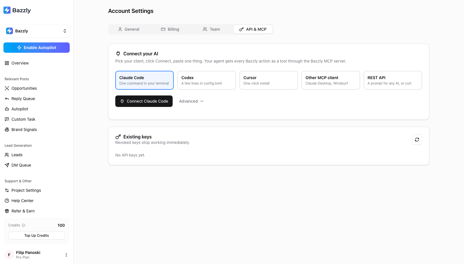 The API and MCP tab of Account Settings with the Connect your AI card, client picker for Claude Code, Codex, Cursor and Other, and the Connect button