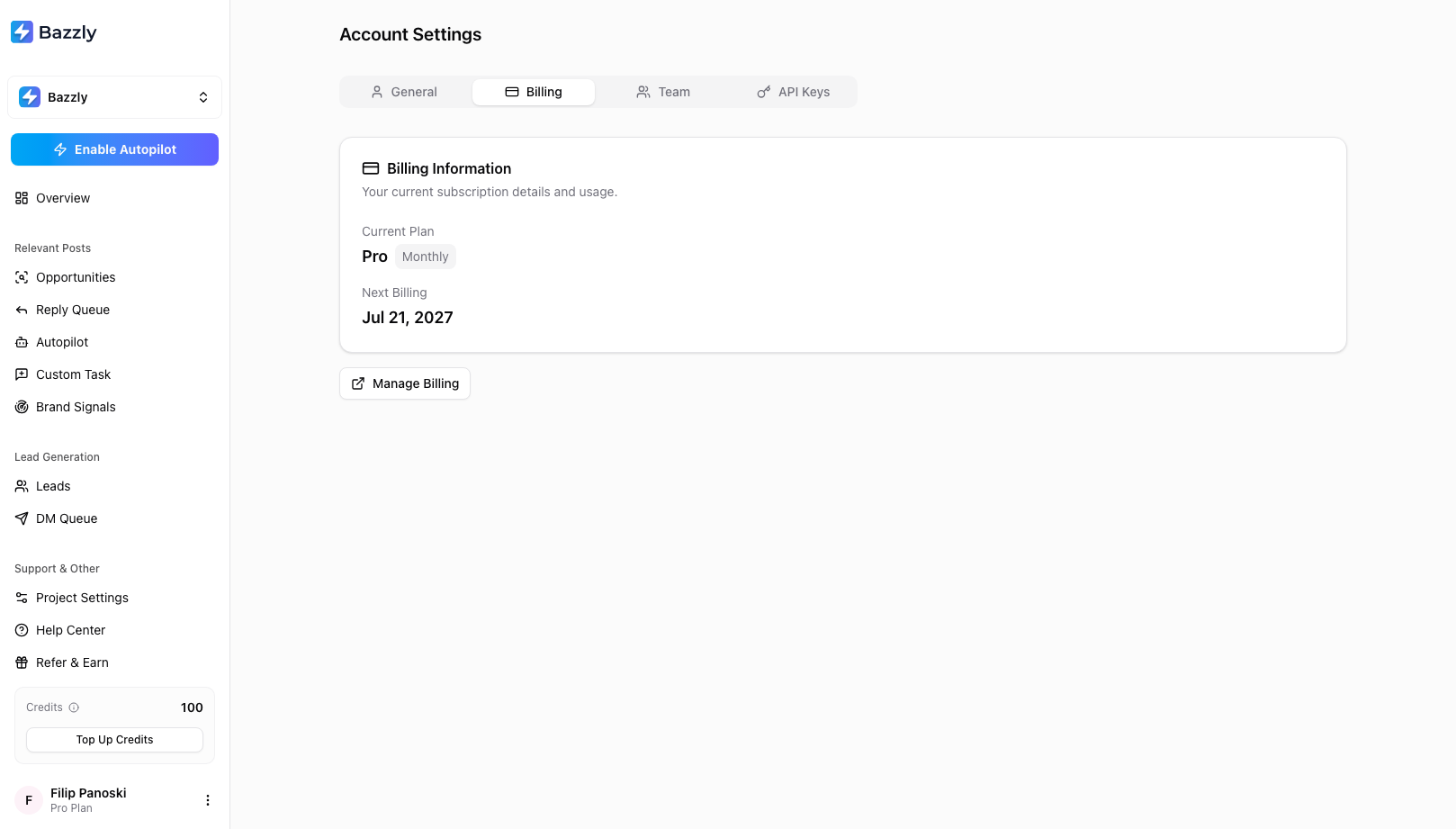 The Billing tab of Account Settings showing the current plan, next billing date and the Manage Billing button