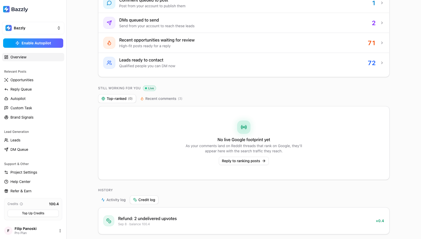 The Overview History section on the Credit log tab showing a refund entry for undelivered upvotes