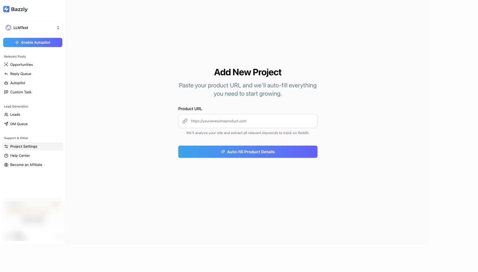 The Add New Project screen in Bazzly, with a Product URL field and an Auto-fill Product Details button