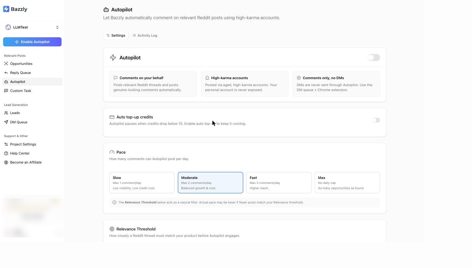 Autopilot settings in Bazzly, showing the on/off toggle, auto top-up, and Pace options from Slow to Max