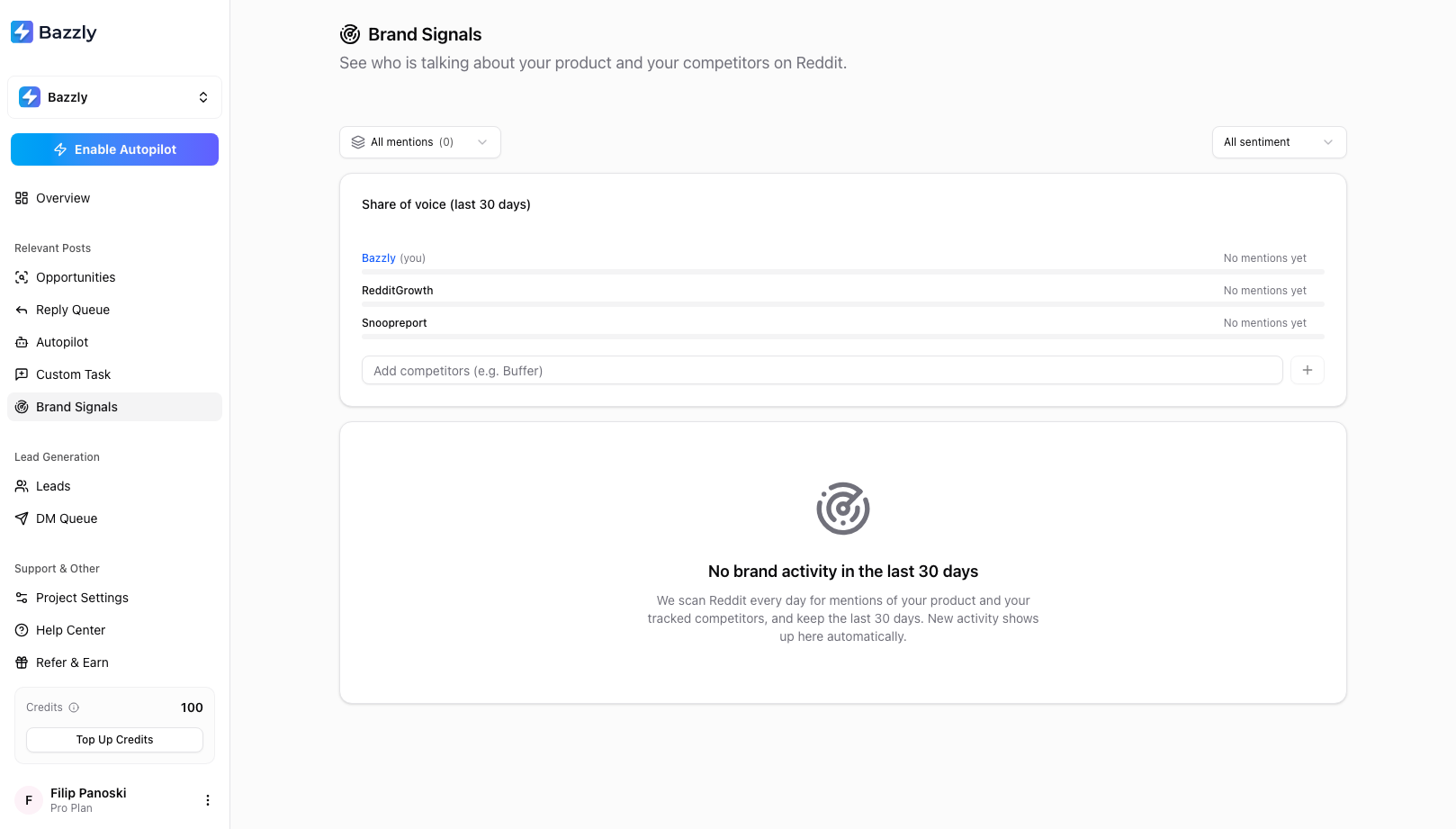 The Brand Signals page with the share of voice card comparing your product against tracked competitors