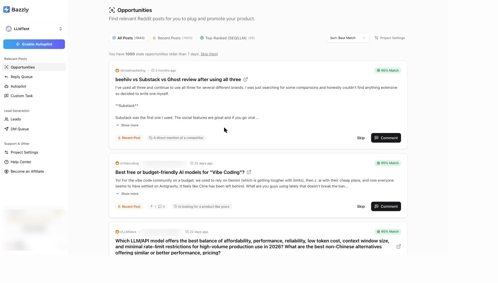 The Opportunities page listing relevant Reddit threads, each with a relevance match score and Comment and Skip buttons