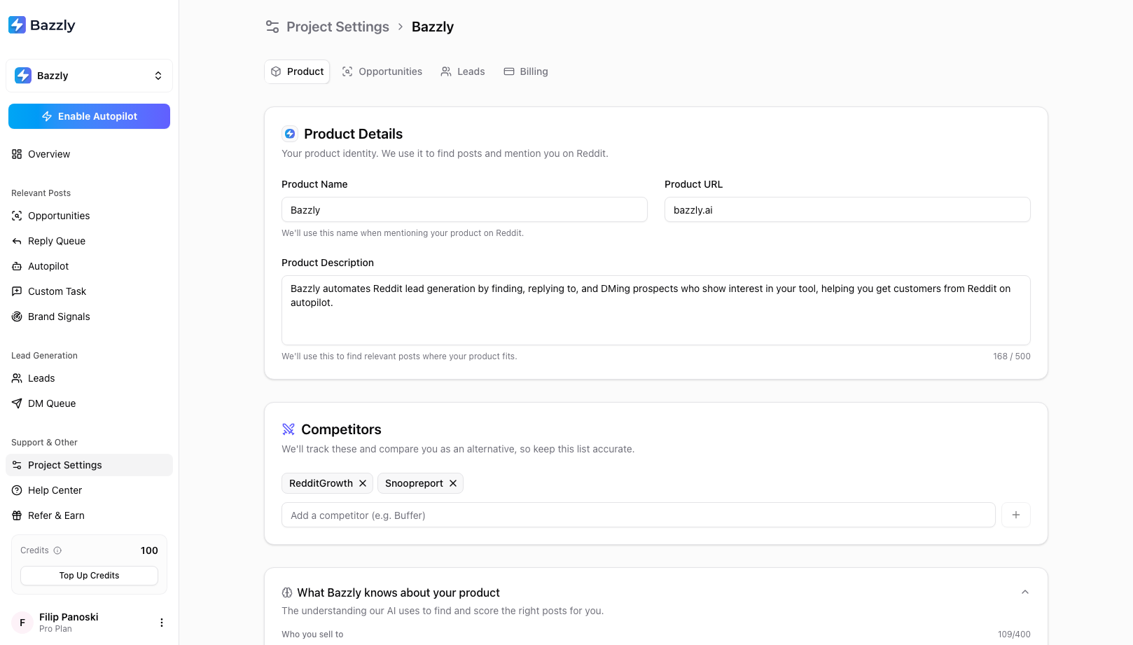 The Product tab of Project Settings showing Product Details, Competitors, and the What Bazzly knows about your product section