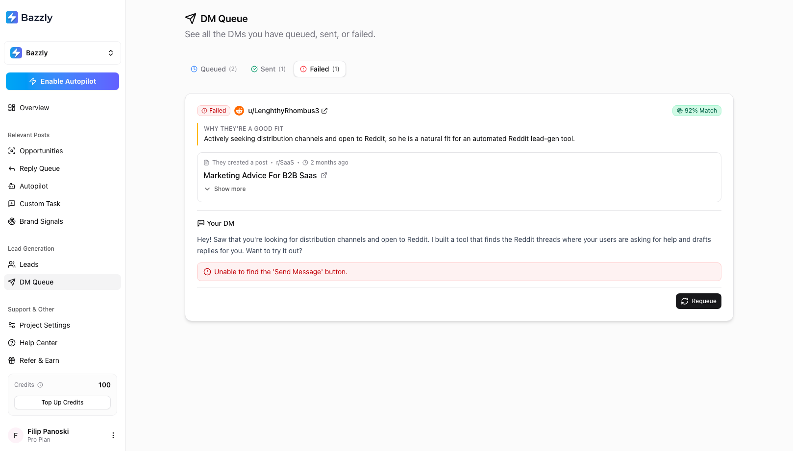 The DM Queue Failed tab showing a DM that failed with the error message and a Requeue button