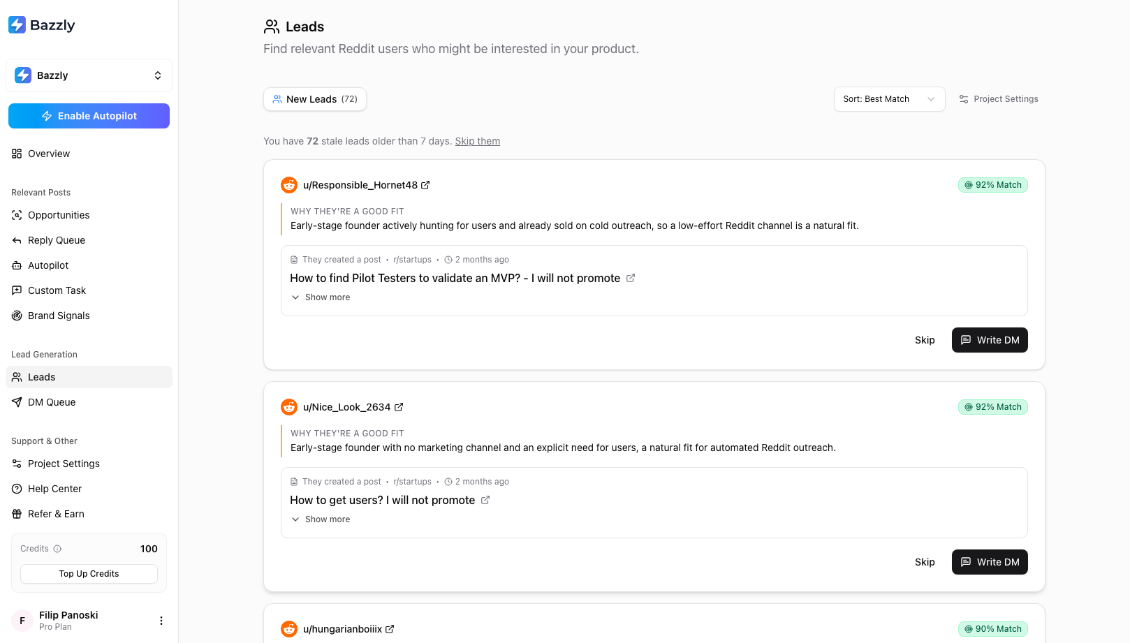 The Leads page listing Reddit users with match percentages, why they are a good fit, the post that qualified them, and Skip and Write DM buttons