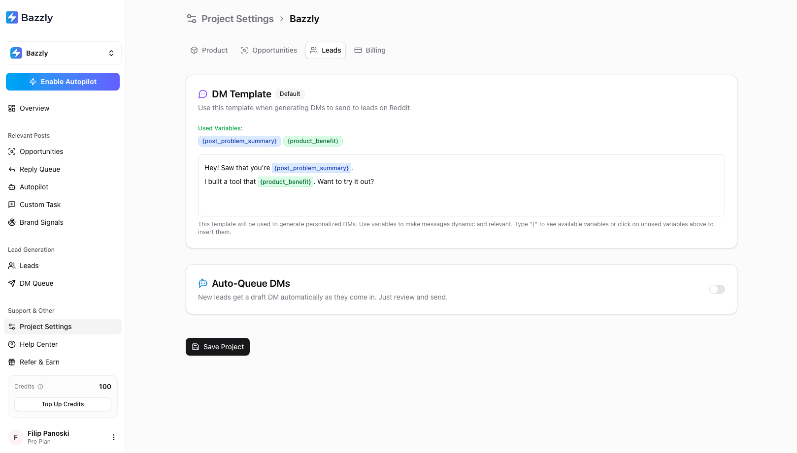 The Leads tab of Project Settings with the DM Template editor showing the two variables and the Auto-Queue DMs switch