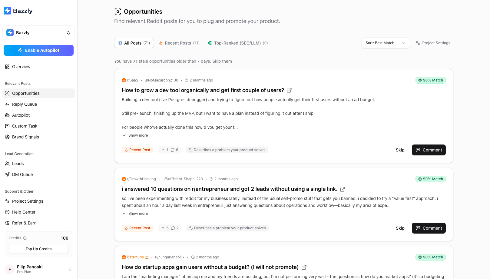 The Opportunities page listing Reddit posts with match percentages, source badges, Skip and Comment buttons
