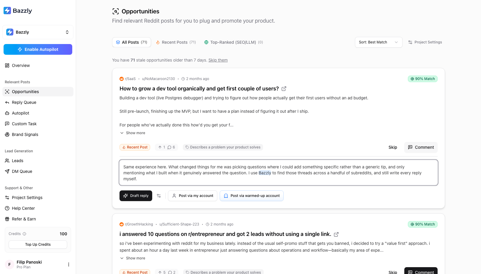 An opportunity card with the composer open, showing a drafted reply, the Draft reply button, and Post via my account and Post via warmed-up account buttons