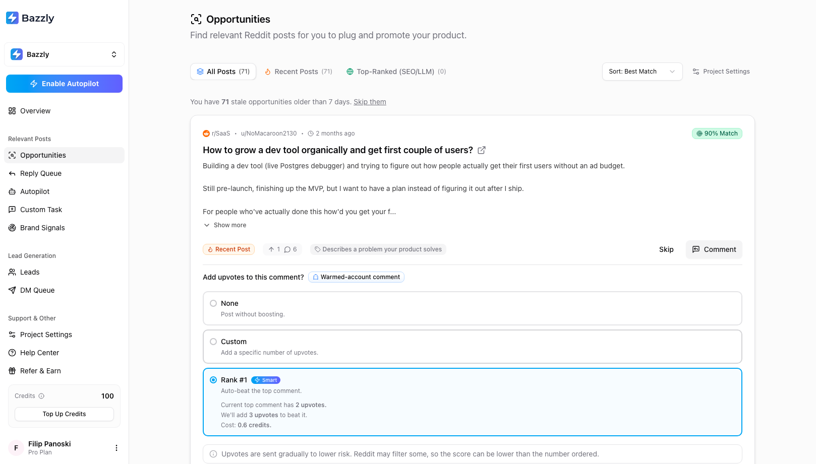 The Add upvotes to this comment step with None, Custom and Rank #1 options, showing the current top comment score and cost