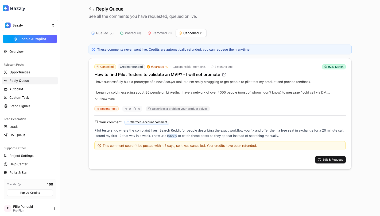 The Reply Queue Cancelled tab showing a comment that could not be posted within five days, with credits refunded