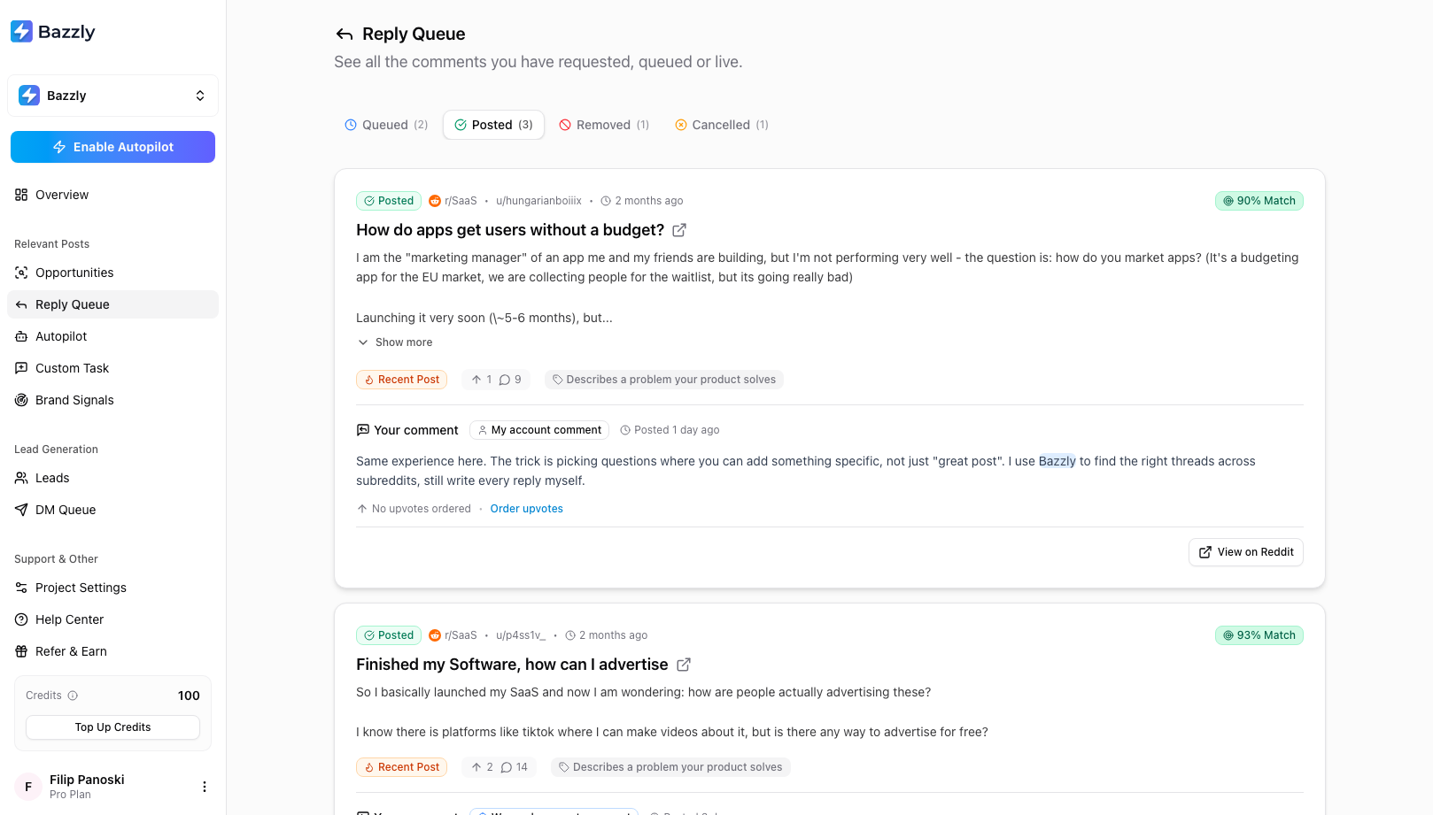 The Reply Queue Posted tab showing a live own-account comment with View on Reddit and an Order upvotes link