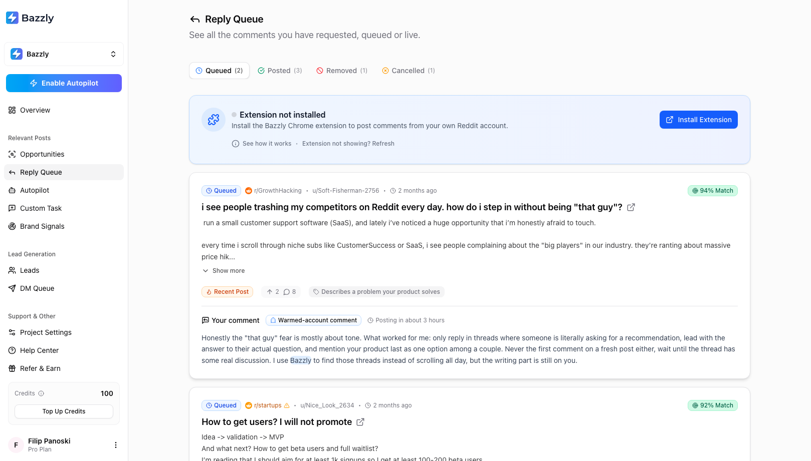 The Reply Queue Queued tab with the Extension Connected banner and a warmed-account comment scheduled to post